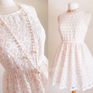 Ivory Pink Floral Embroidery Scallop Skater Dress